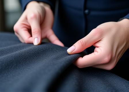 Hands carefully inspecting a bolt of fine wool suiting fabric.